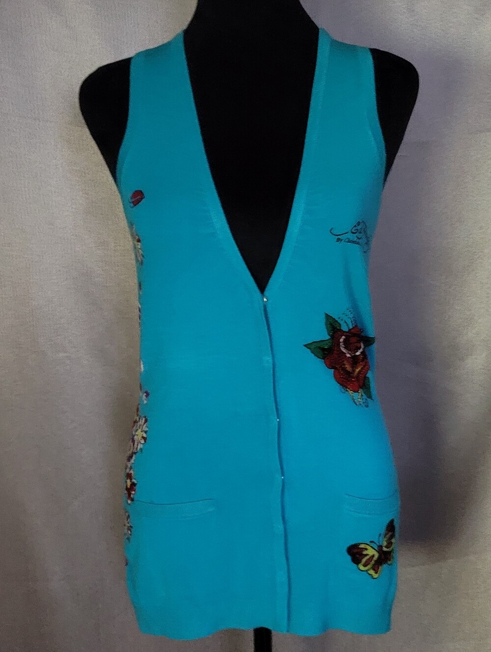 Turquoise Embroidered Sleeveless Cardigan Vest